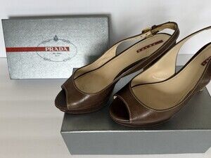 Authentic Prada Brown Leather Slingback Heels US 6.5 Box Dust Bag